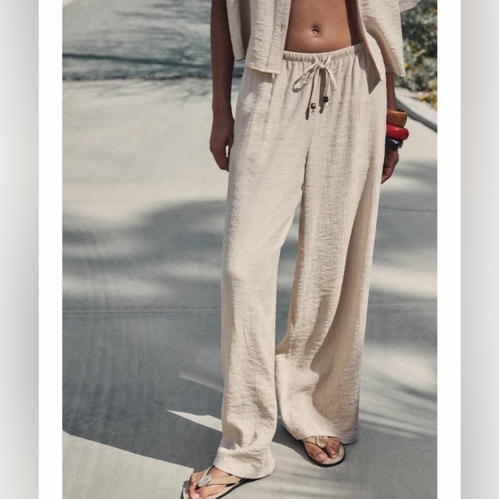 Zara NWT elastic waistband wide leg pants sand color - Picture 2 of 6
